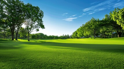 Fototapeta premium Golf course landscape with a green fairway, trees, and clear skies