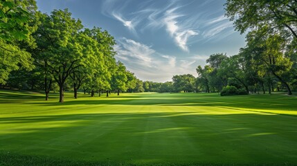 Golf fairway landscape with lush green grass and surrounding trees on a bright day