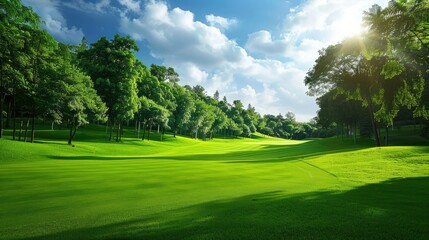 Golf fairway landscape with lush green grass and surrounding trees on a bright day