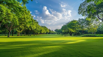 Golf fairway with lush green grass and tree-lined edges on a bright sunny day