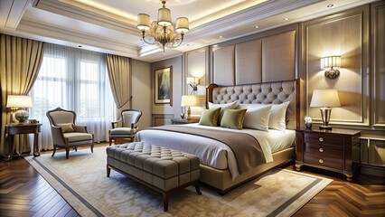 Luxury hotel bedroom with elegant furnishings and plush bedding, luxury, hotel, bedroom, elegant, furnishings