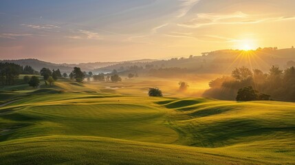 Obraz premium Golf teeing ground bathed in the first light of sunrise, with a picturesque landscape