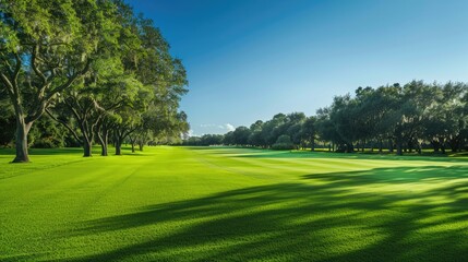 Golf fairway with neatly trimmed green grass, bordered by trees and clear blue skies