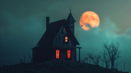 Fototapeta premium A Haunted House Silhouetted Against a Full Moon in the Night