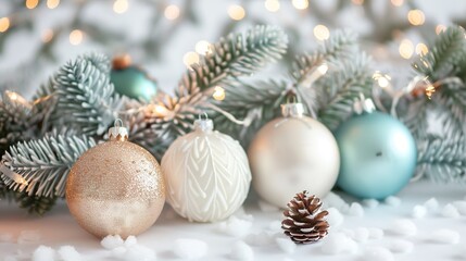 Sparkling Festive Ornaments and Garlands in Natural Light on White Background