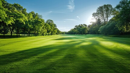 Obraz premium Green golf fairway with surrounding trees and clear skies, perfect for a sunny day