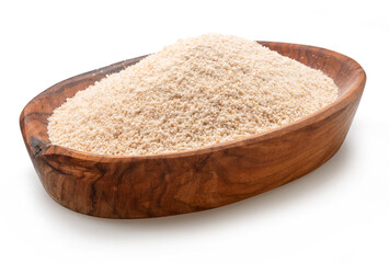 Cassava flour or manioc flour in wooden bowl on white background. File contains clipping path.