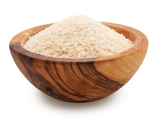Cassava flour or manioc flour in wooden bowl on white background. File contains clipping path.
