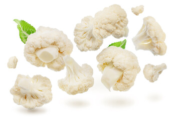 Small cauliflower cabbage parts levitating in air. File contains clipping paths.