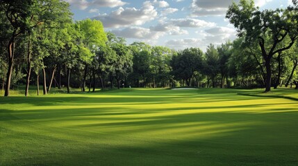 Fototapeta premium Lush green fairway on a golf course with surrounding trees on a sunny day