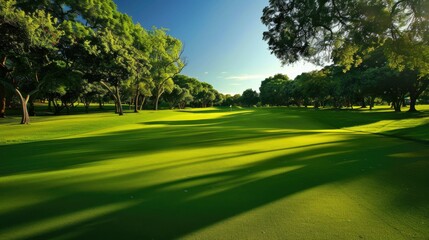 Lush green fairway on a golf course with surrounding trees on a sunny day