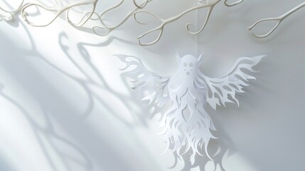 Single, intricately designed paper ghost ornament on a bright white background with soft shadows 