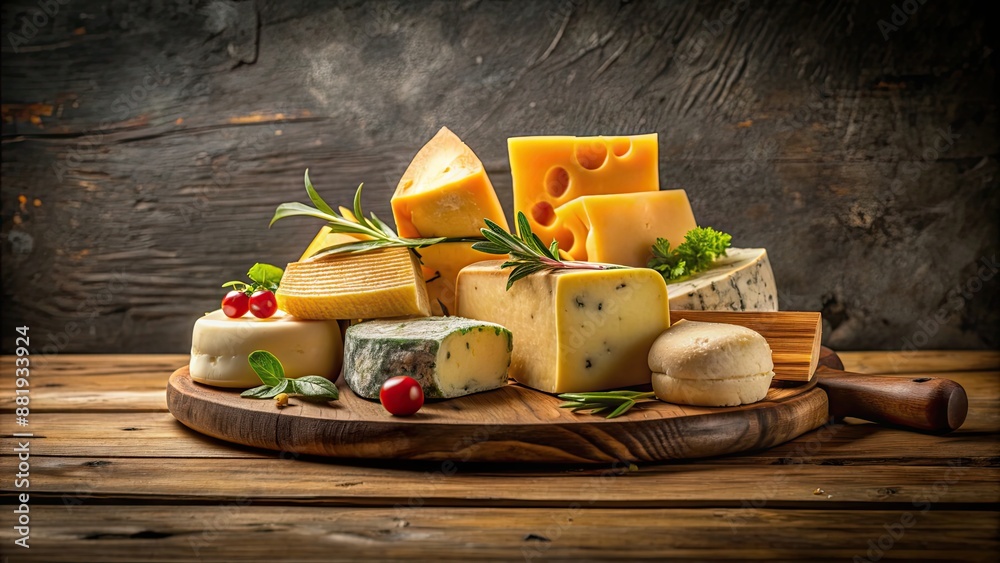 Wall mural Still life arrangement of various pieces of cheese on a wooden board , cheese, dairy, food, gourmet, appetizer, assortment