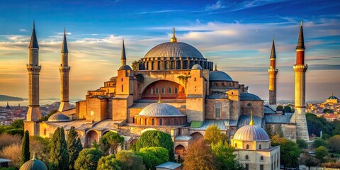 Obraz premium Iconic architectural marvel featuring a blend of Byzantine and Ottoman design , hagia sophia, Istanbul, Turkey, historic