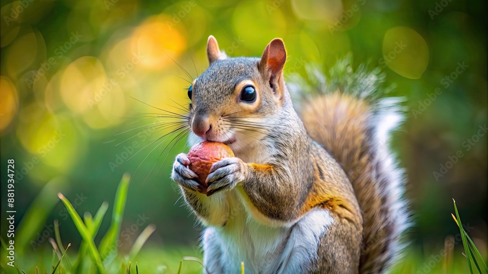 Poster Squirrel holding an acorn in its paws, squirrel, animal, cute, rodent, furry, nut, autumn, woodland, nature, isolated, holding