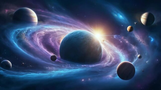 Stunning cinematic video of the solar system, capturing all the planets in a swirling, smooth dance, with stunning motion-activated video quality