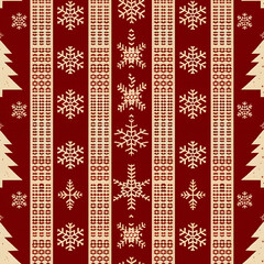 Christmas geometric red knit ornament with trees and snowflakes seamless background pattern