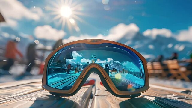 apres ski - goggles with mountains reflection on the restaurant table at ski resort