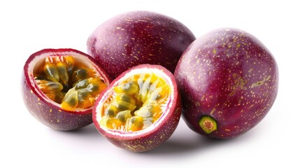 Ripe passion fruits, some sliced to show vibrant pulp and seeds, displayed on a clean white background
