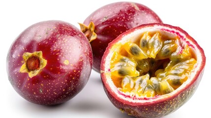 Ripe passion fruits with one cut open, showcasing the juicy pulp, on a white background