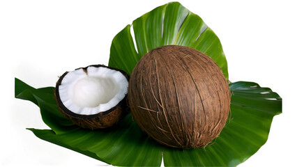 An isolated vibrant and detailed image of a coconut cut in half, revealing the white flesh inside, set against a transparent backdrop of fresh green leaves. 