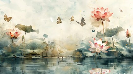 Tranquil Water Lily Pond with Butterflies.