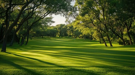 Obraz premium Scenic view of a golf fairway with lush green grass and surrounding trees