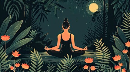 A woman meditating in a serene jungle setting under moonlight surrounded by tropical plants and flowers.