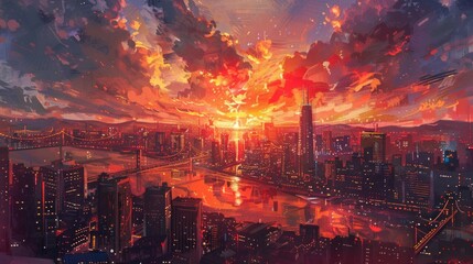 Cityscape at Sunset with Dramatic Sky