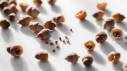 Dreamy Autumn Glow: Scattered Acorns on White Surface