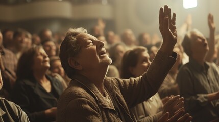 Fototapeta premium cinematic photographs of middle-aged people praising God in a mood of joy and gratitude