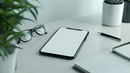 Modern Workspace with Smartphone and Glasses on Desk