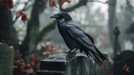 A Black Raven Perched on a Tombstone in a Rainy Cemetery