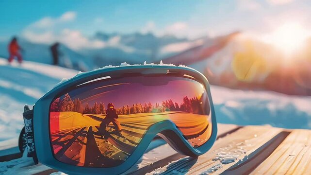 apres ski - goggles with mountains reflection on the restaurant table at ski resort