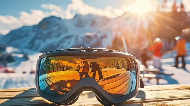 apres ski - goggles with mountains reflection on the restaurant table at ski resort