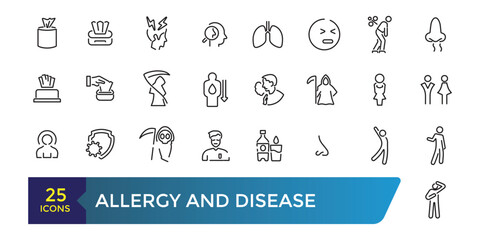 Allergy and disease icon set. Collection and pack of linear web and ui icons. Editable stroke. Vector illustration.