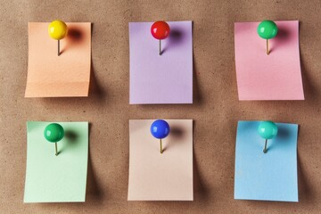 Colorful sticky notes on cork board background arranged in grid pattern. Organized office supplies concept. Minimalist, practical. Perfect for productivity visuals and planning designs. Generative AI