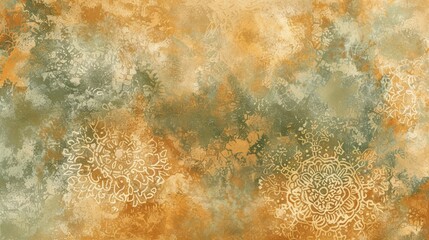 Ochre and sage green wallpaper with intricate desert landscape patterns