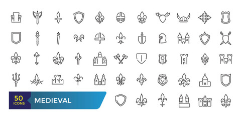 Medieval icon set. Minimalist thin linear web icon pack. Collection and pack of linear web and ui icons. Editable stroke. Vector illustration.