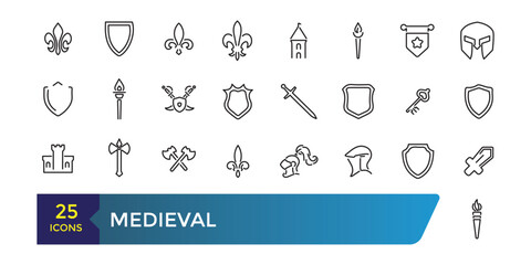 Fototapeta premium Medieval icon set. Minimalist thin linear web icon pack. Collection and pack of linear web and ui icons. Editable stroke. Vector illustration.