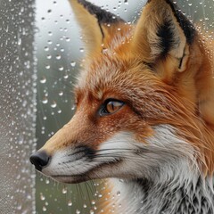 Moody Rainy Day: Wet Fox Gazing Through Rain-Covered Window on White Background - Copy Space for Text.