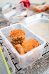 Ready Made Vegetarian Vegan Grill Patties in a Plastic Container During Grilling Summer Season