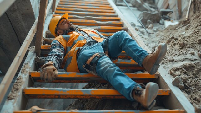 construction site worker There was an accident falling down the stairs. lying unconscious on the floor