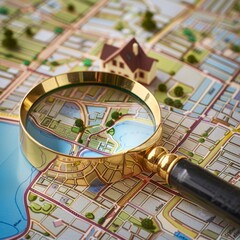 Journey of Home Discovery and Real Estate Purchase Embodied by a Magnifying Glass Over a Map, Symbolizing the Search for a New Home.