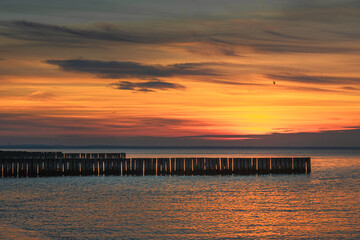 Fototapeta premium View of sand beach with wooden breakwaters on the Baltic Sea coast on sunset in Zelenogradsk. Russia