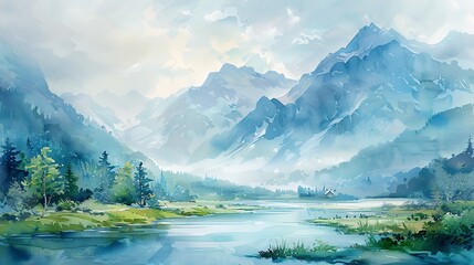 Fototapeta premium Serene Mountain Lake with Foggy Peaks.