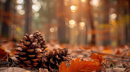 Close-up of pinecones on a forest floor with golden autumn leaves and sunlight filtering through tree branches in a tranquil setting.