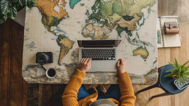 Travel blogger using laptop for planning trip at home