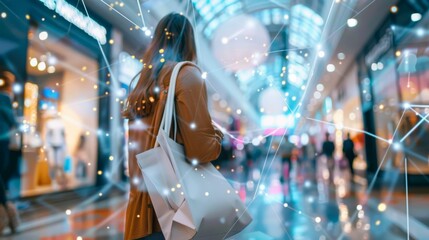Woman Shopping in a Modern Mall with Network Overlay