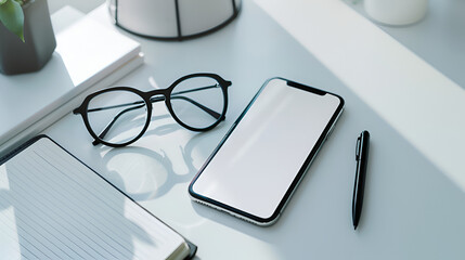 Modern Workspace with Smartphone, Glasses, and Notebook